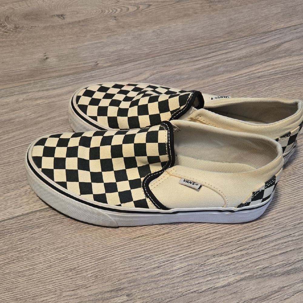 Vans Black and Cream Checkered Slip-Ons